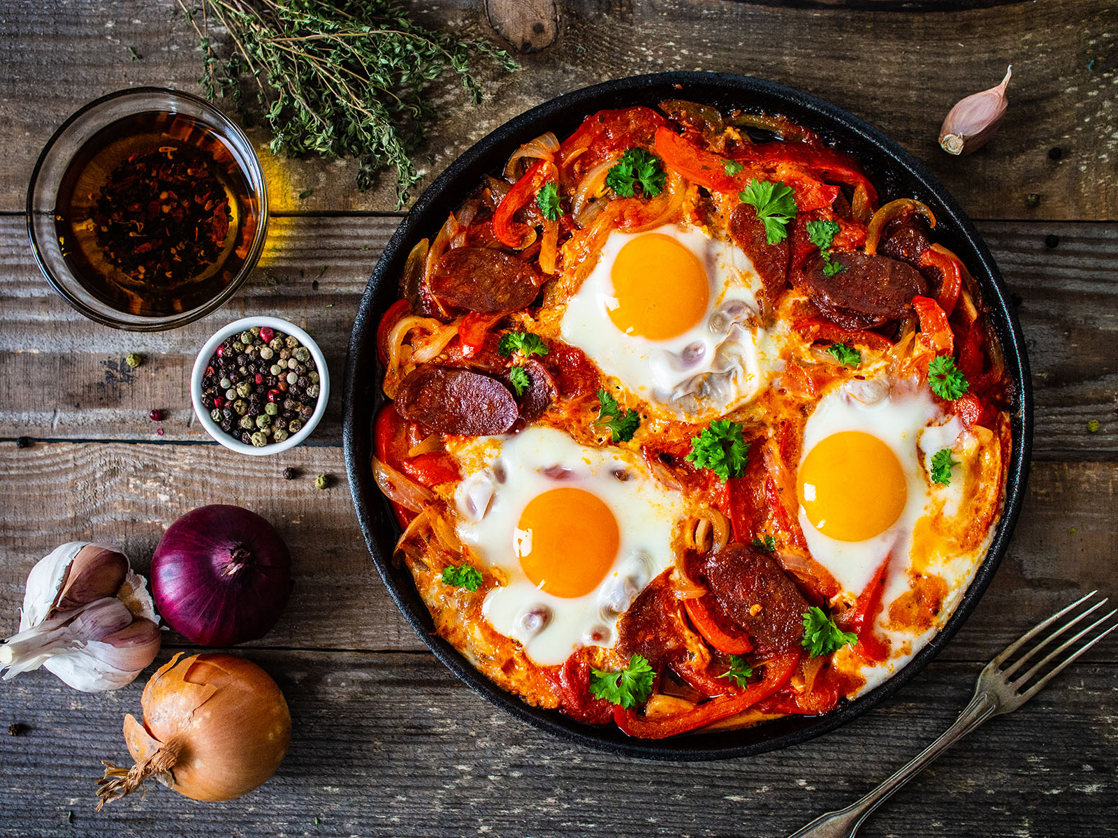 Shakshuka - fried eggs with chorizo and vegetables in frying pan.